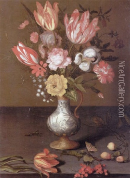 A Still Life Of Tulips, Roses, Irises, Anemones And Other Flowers In A Wan-li-kraak Vase On A Stone Ledge Oil Painting - Balthasar Van Der Ast