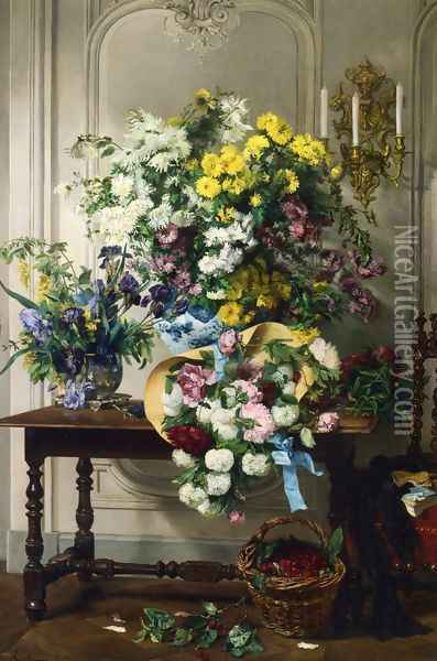 Still Life with Flowers Oil Painting - Jenny Villebesseyx