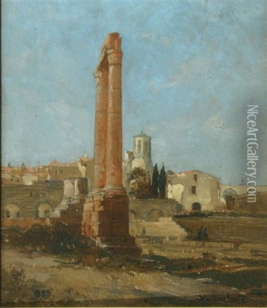Continental Landscape With Classical Ruined Columns Oil Painting - John Fulleylove