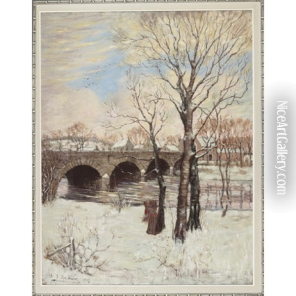 Carrying Kindling Along A Frozen Village Canal Oil Painting - David S. Neave