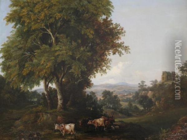 A Drover With Cattle And Goats In A Landscape Oil Painting - A.H. Vickers