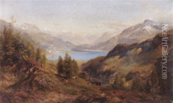 Blick Auf See In Hochgebirgstal, Im Mittelgrund Ein Dorf Oil Painting - Edward Theodore Compton