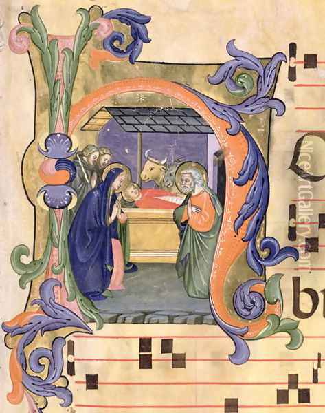 Ms 571 f.6r Historiated initial 'H' depicting the Nativity from an antiphon Oil Painting - Don Simone Camaldolese