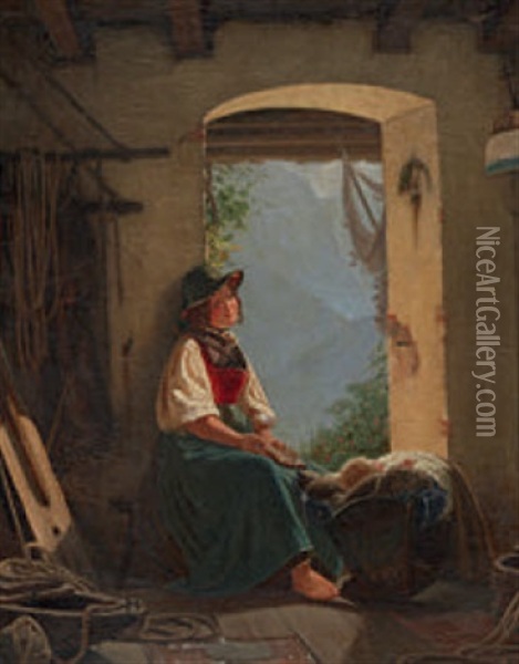 Junge Frau In Tracht, Ihr Kind In Der Wiege Betrachtend Oil Painting - Carl Adolf Mende
