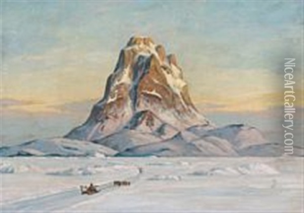 A Dog Sledge On Its Way Towards Sugar Loaf, Greenland Oil Painting - Emanuel A. Petersen