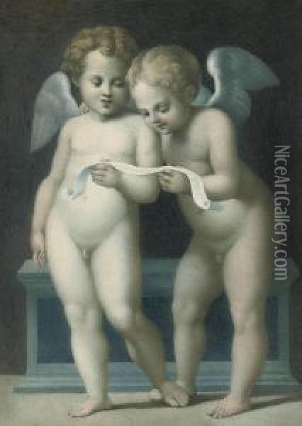 Two Putti Reading A Scroll Of Music Oil Painting - Nicola Ortis