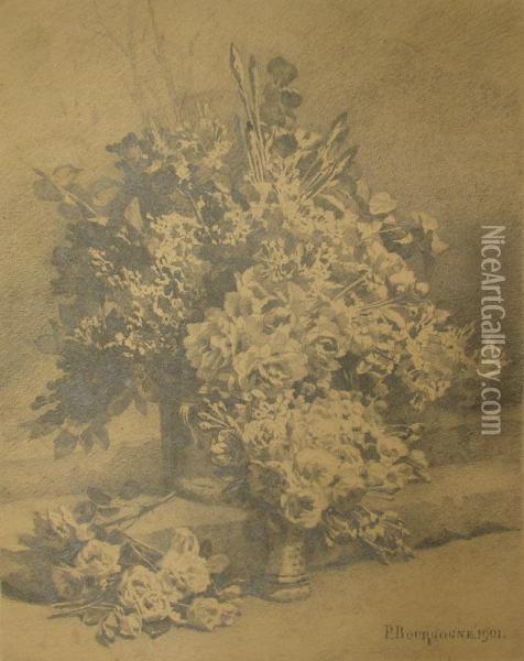 Lot De 3 Natures Mortes Aux Bouquets De Fleurs Oil Painting - Pierre Bourgogne