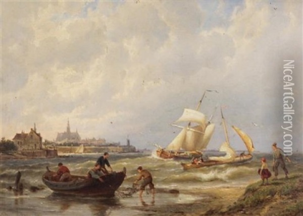Fisherfolk Along The Coast And Shipping On A Calm Sea (a Pair) Oil Painting - William Raymond Dommersen
