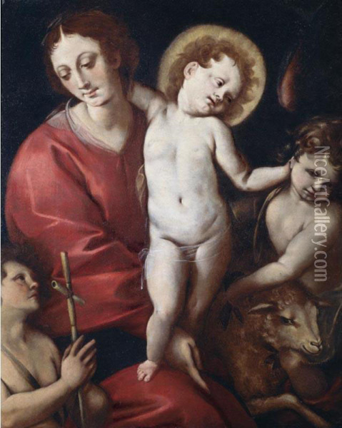 Madonna Col Bambino, San Giovannino Ed Un Angelo Oil Painting - Melchiorre Gherardini Il Ceranino