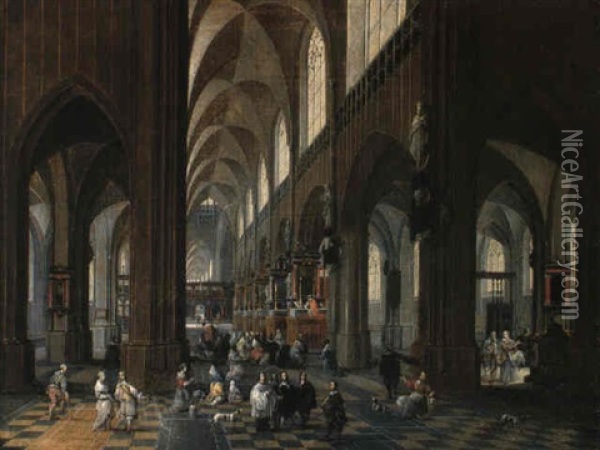 Worshippers In The Aisle Of Antwerp Cathedral Oil Painting - Peeter Neeffs the Younger