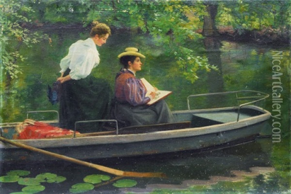 Marie Seeger And Her Sister In A Boat Oil Painting - Hermann Seeger