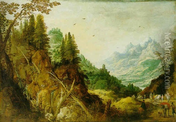 An Extensive Mountainous Landscape With Travellers And Pack Animals On A Road Near A Waterfall, A Castle Beyond Oil Painting - Joos de Momper the Younger