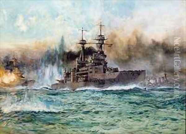 HMS Vanguard at The Battle of Jutland Oil Painting - Charles Edward Dixon