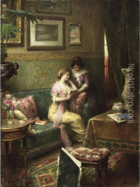 Reading In The Living Room Oil Painting - Henri Adriene Tanoux