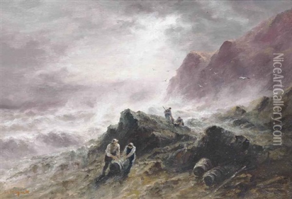Salvagers Hauling Barrels Onto The Rocks, Jersey (+ A Cave At Plemont, Jersey; 2 Works) Oil Painting - Sarah Louise Kilpack