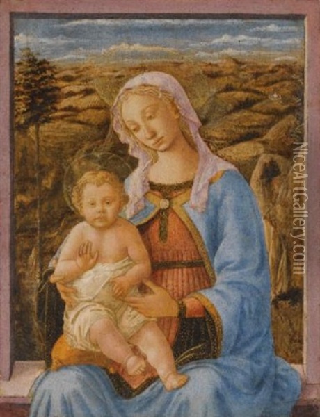 The Madonna And Child Seated On A Window Ledge, A Landscape Beyond Oil Painting - (Francesco di Stefano) Pesellino