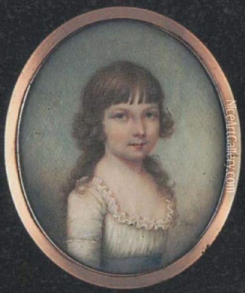A Young Girl Wearing Low-cut White Dress With Frilled Trim And Blue Ribbon Waistband Oil Painting - Sampson Towgood Roch