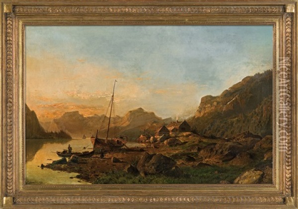 By The Fiord Oil Painting - Johannes Bartholomaeus Duntze
