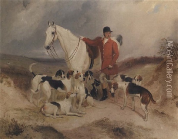 Dick Burton, Huntsman To The Tidworth Hunt With His Hunter And Hounds Oil Painting - Charles Bilger Spalding