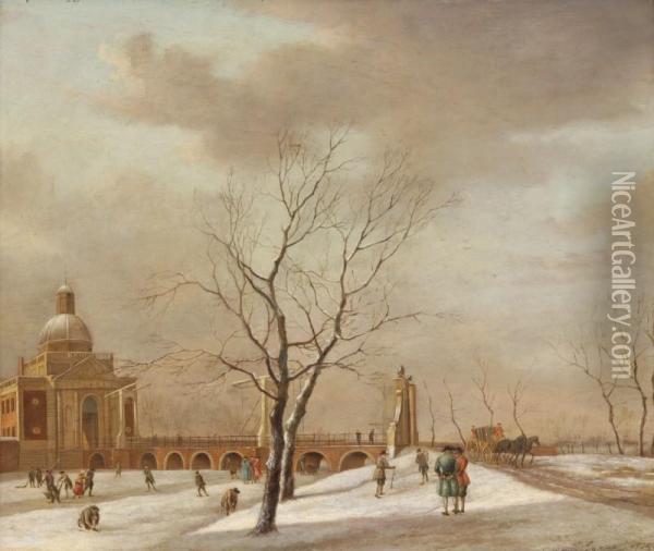 A View Of Themuiderpoort, Amsterdam, In Winter, With Skaters On The Frozensingelgracht An A Horse-drawn Carriage On The Road Oil Painting - Johannes Janson
