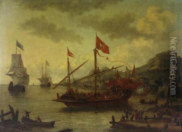 Venetian And Other Ships In A Mediterranean Harbour Oil Painting - Lorenzo A. Castro