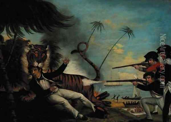 A tiger attacking a sailor on a tropical island Oil Painting - English School