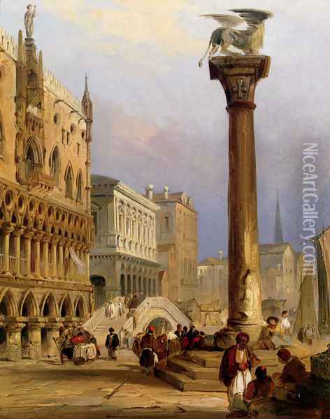 A View Of St Mark's Column, And The Doge's Palace, Venice Oil Painting - Edward Pritchett