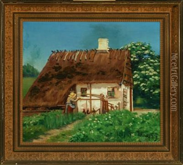 A Woman In The Garden By A Small House Oil Painting - Hans Andersen Brendekilde