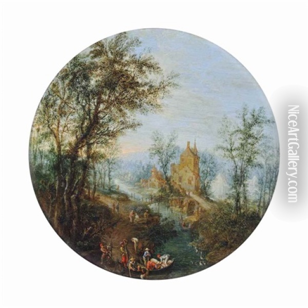 A Wooded River Landscape With Travellers Loading A Boat Near A Bridge And Figures On A Path, A Village Beyond Oil Painting - Jan Breughel II