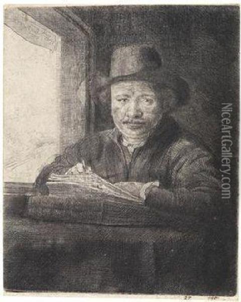 Rembrandt Drawing At A Window Oil Painting - Rembrandt Van Rijn