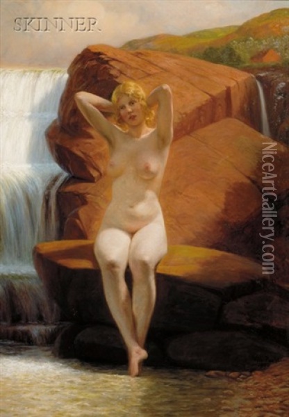 Portrait Of A Nude By A Waterfall Oil Painting - Wilhelm Pacht