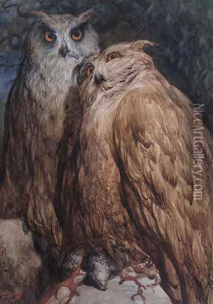 Two Owls Oil Painting - Gustave Dore
