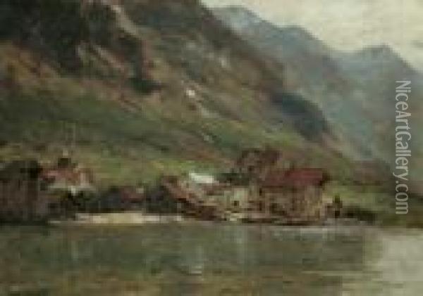 Norwegische Fjordlandschaft Mit Einem Dorf Am Wasser. Oil Painting - Georg Anton Rasmussen