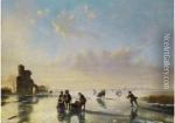 Eisvergnugen In Weiter Polderlandschaft Oil Painting - Nicholas Jan Roosenboom