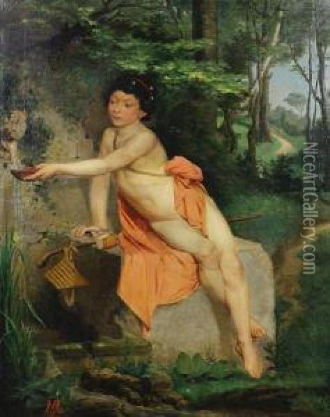 A Classical Nude At A Spring Oil Painting - Jan van Beers