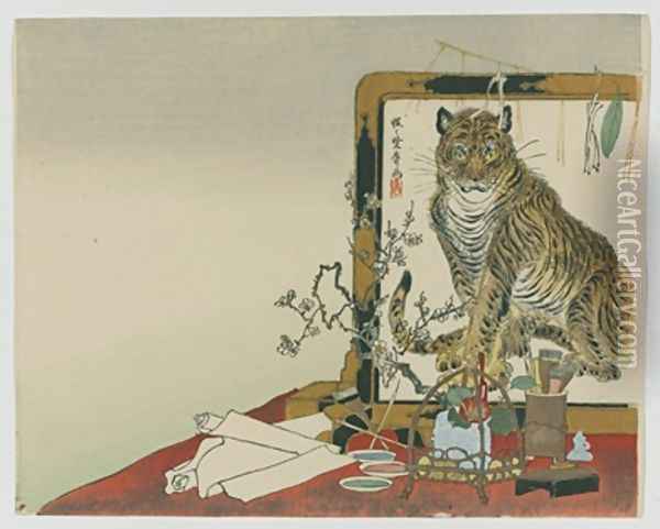 Standing Screen Tsuitate of a Tiger Oil Painting - Kawanabe Kyosai