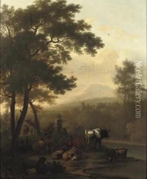 A Wooded River Landscape With A Peasant Couple And Theircattle Oil Painting - Dirk van Bergen