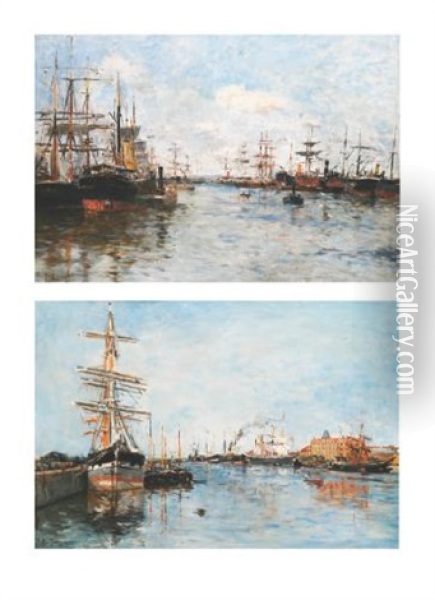 Bateaux En Rade (pair) Oil Painting - Edmond Marie Petitjean