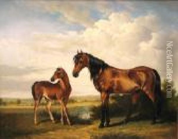 A Mare And Foal In An Extensive Landscape Oil Painting - Robert L. Alexander