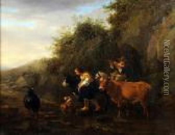A Flautist Herdsman And His Sweetheart Oil Painting - Nicolaes Berchem
