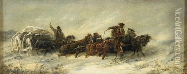 Winter Wagon Scene Oil Painting - Adolf Schreyer