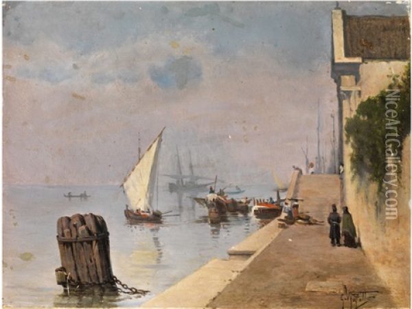 Segelschiffe Und Fischerkahne In Der Lagune Von Venedig Oil Painting - Giuseppe Vizzotto Alberti