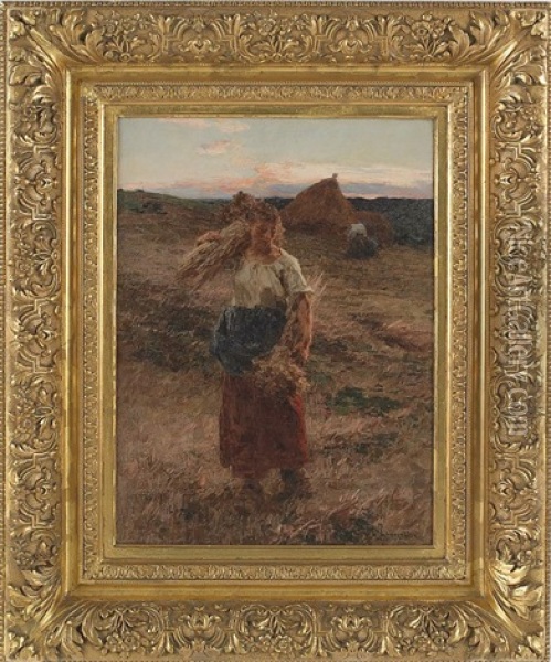 Landscape With A Peasant Woman Gathering Hay Oil Painting - Leon Augustin L'Hermitte