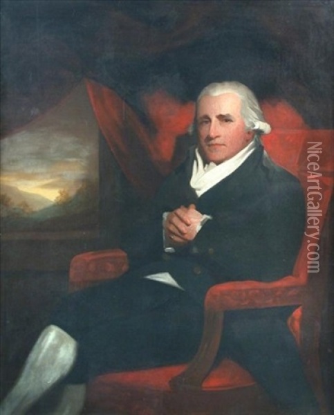 Portrait Of Sir Walter Farquhar 1st Baronet, Physician To George Iv, Three Quarter Length, Seated In A Green Jacket, Black Breeches And White Stockings With A Landscape Beyond Oil Painting - Sir Henry Raeburn
