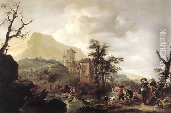 Stag Hunt in a River 1650s Oil Painting - Philips Wouwerman