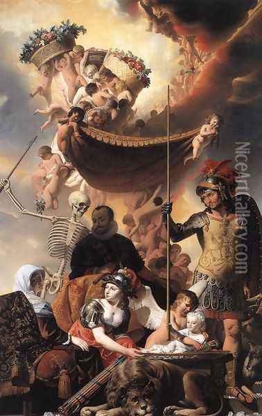 Allegory of the Birth of Frederik Hendrik c. 1650 Oil Painting - Caesar Van Everdingen