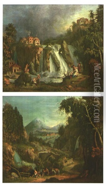Landschaftscapricci Mit Figurenstaffage (pair) Oil Painting - Giovanni Battista Innocenzo Colombo