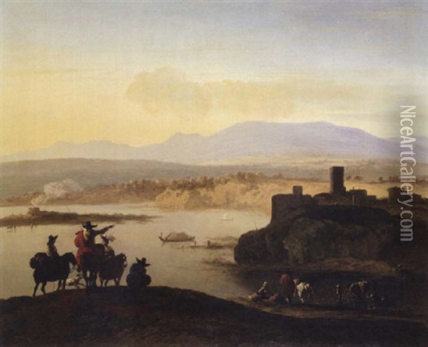 Italianate Landscape Wh Travellers On Horseback Oil Painting - Karel Dujardin