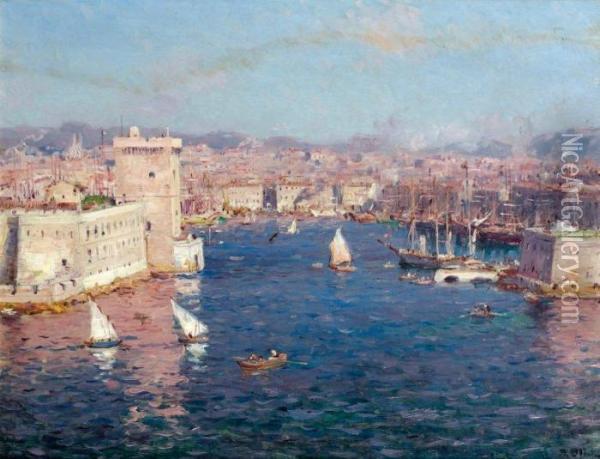 L'entree Du Port De Marseille Vu Des Jardins Du Pharo Oil Painting - Jean-Baptiste Olive