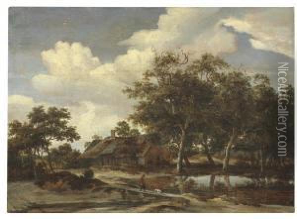 A Wooded Landscape With A Figure Crossing A Bridge Over A Stream Oil Painting - Meindert Hobbema